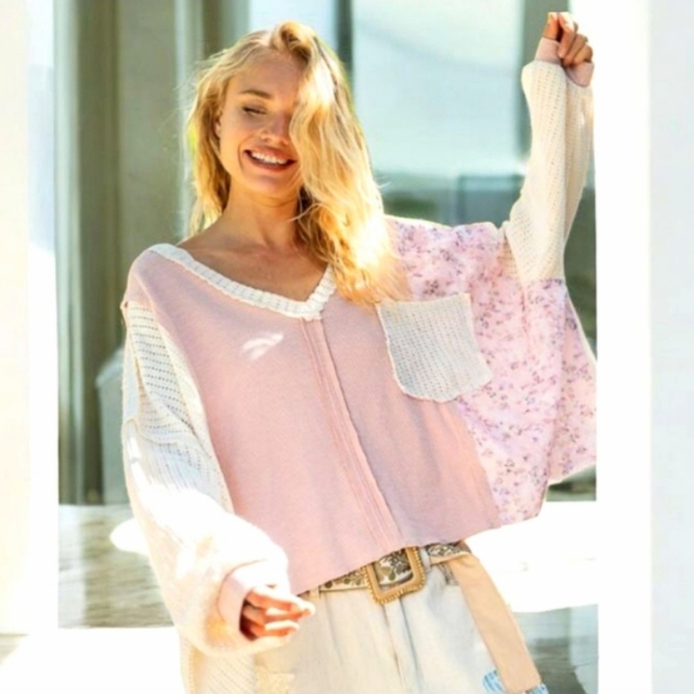 POL Boho Floral Patchwork Oversized Top Pink Cream Waffle Knit Size Medium